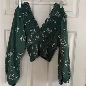 Abercrombie and Fitch Green  Floral Smocked V-Neck Women's Top XSmall